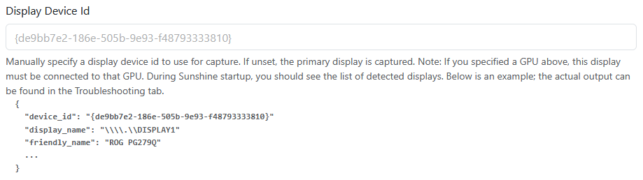 Screenshot of Sunshine's display device ID input.