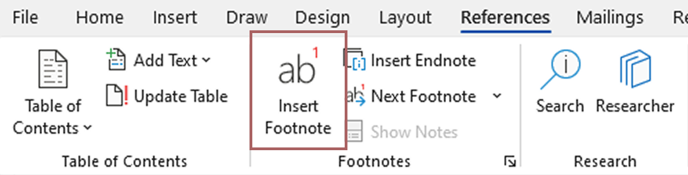 Screenshot of the Insert Footnote button in Microsoft Word